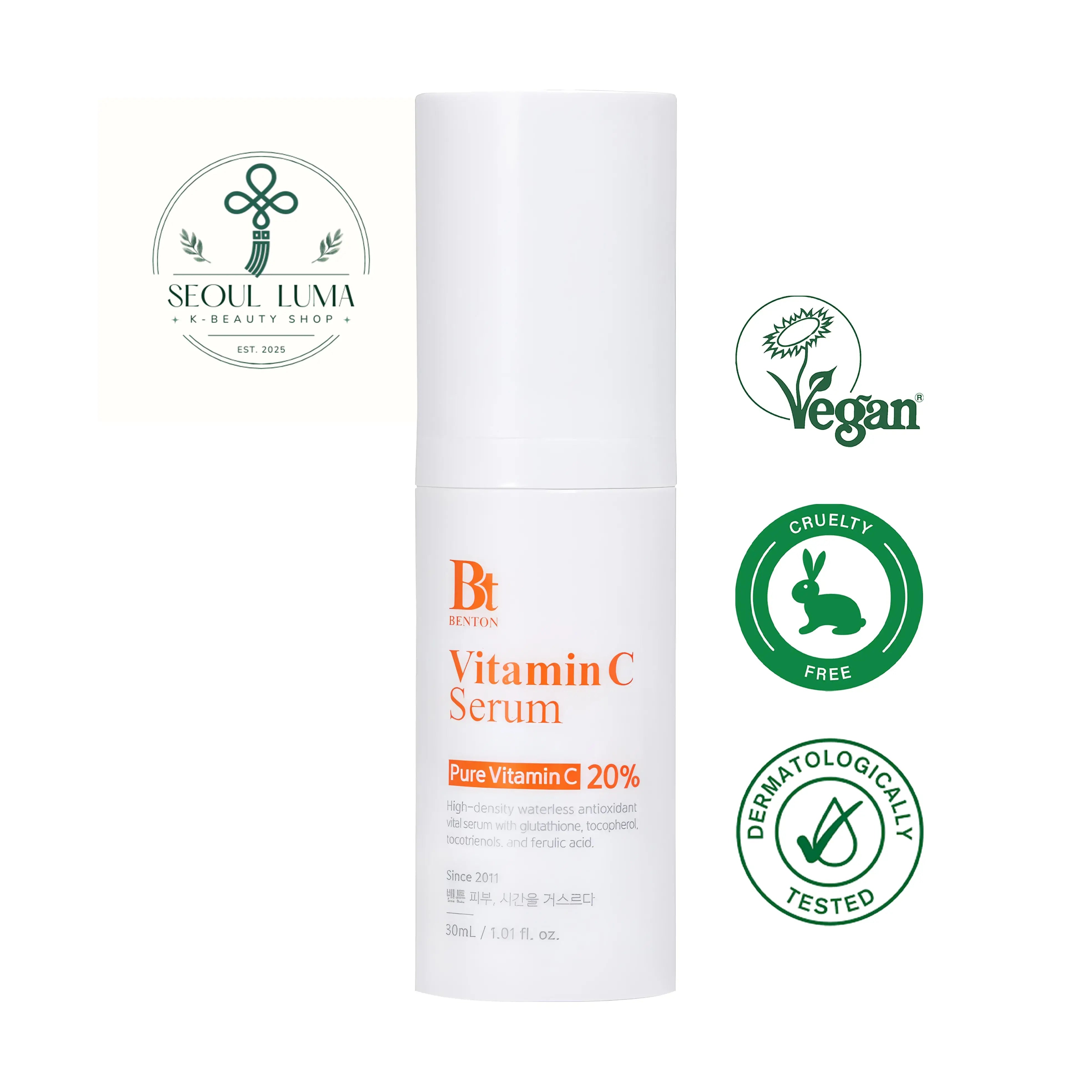Benton Vitamin C Serum with 20% pure ascorbic acid, glutathione, ferulic acid, and vitamin E for intensive brightening and anti-aging